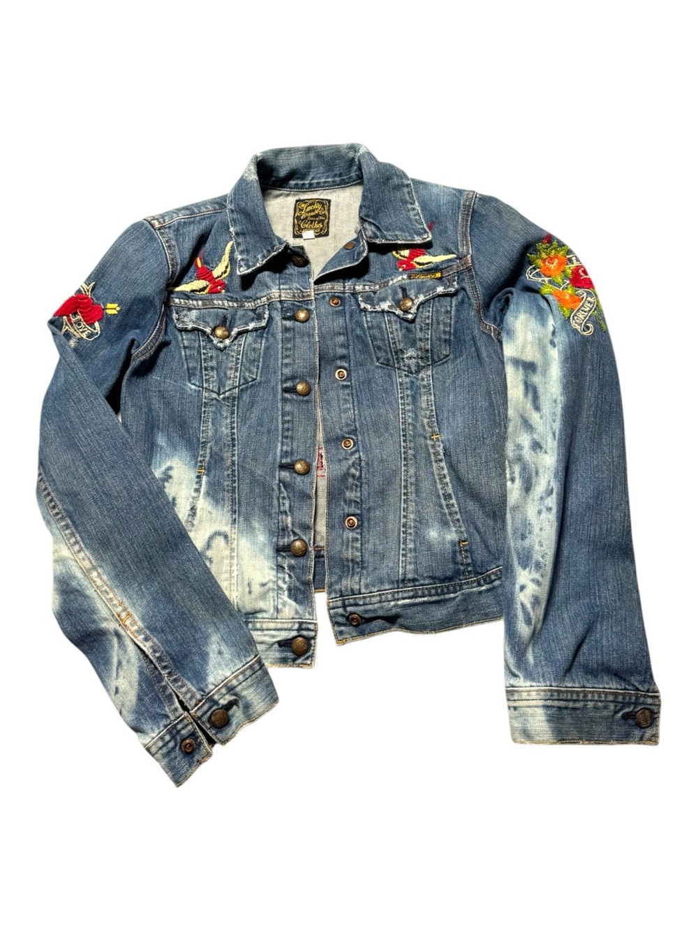 Y2K VTG Lucky Brand Womens Small Denim Jacket Embroidered Acid Hippie Boho